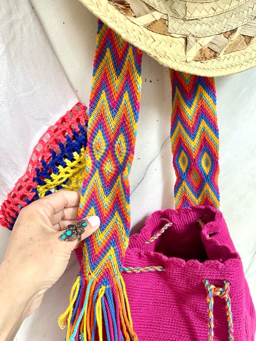 Artisan Fringe tassel hippy bucket bag with Gypsy resort vacay beach vibe - Picture 9 of 14